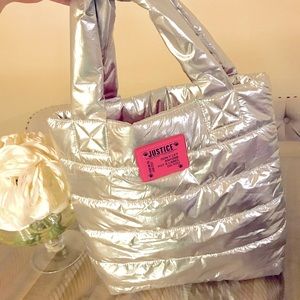 Justice Silver Metallic Puffer Tote Bag💕